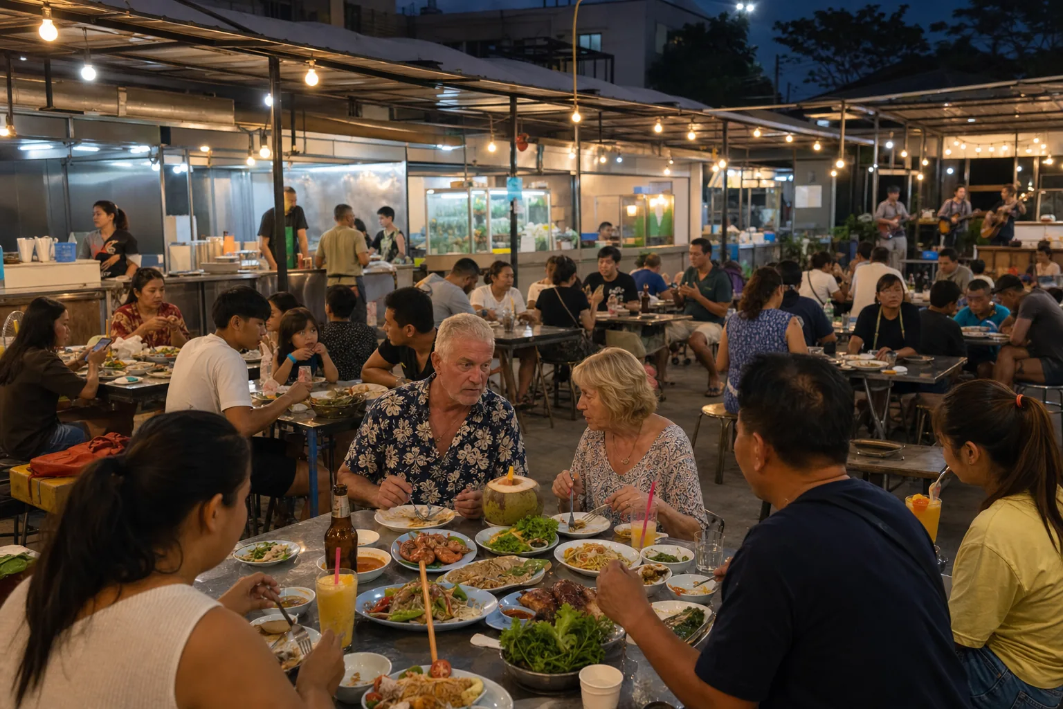 food court ในหัวหินที่มีคนไทยและชาวต่างชาตินั่งกินร่วมกัน